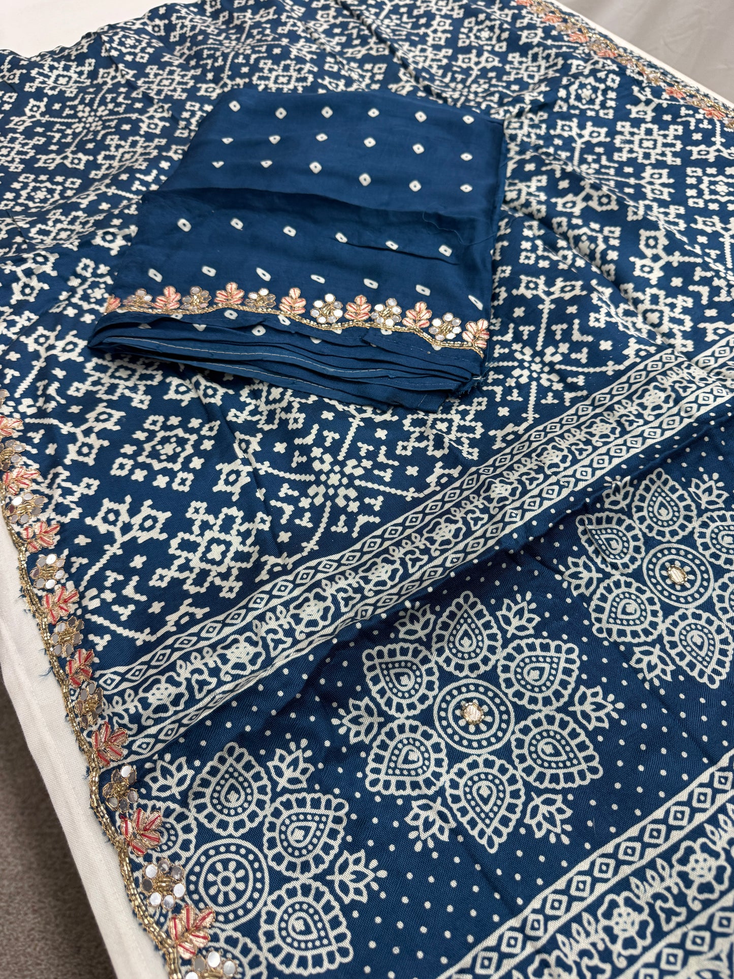 Neelima : Cobalt Blue Modal Silk Ajrakh Saree with Hand Embroidery Work image 3