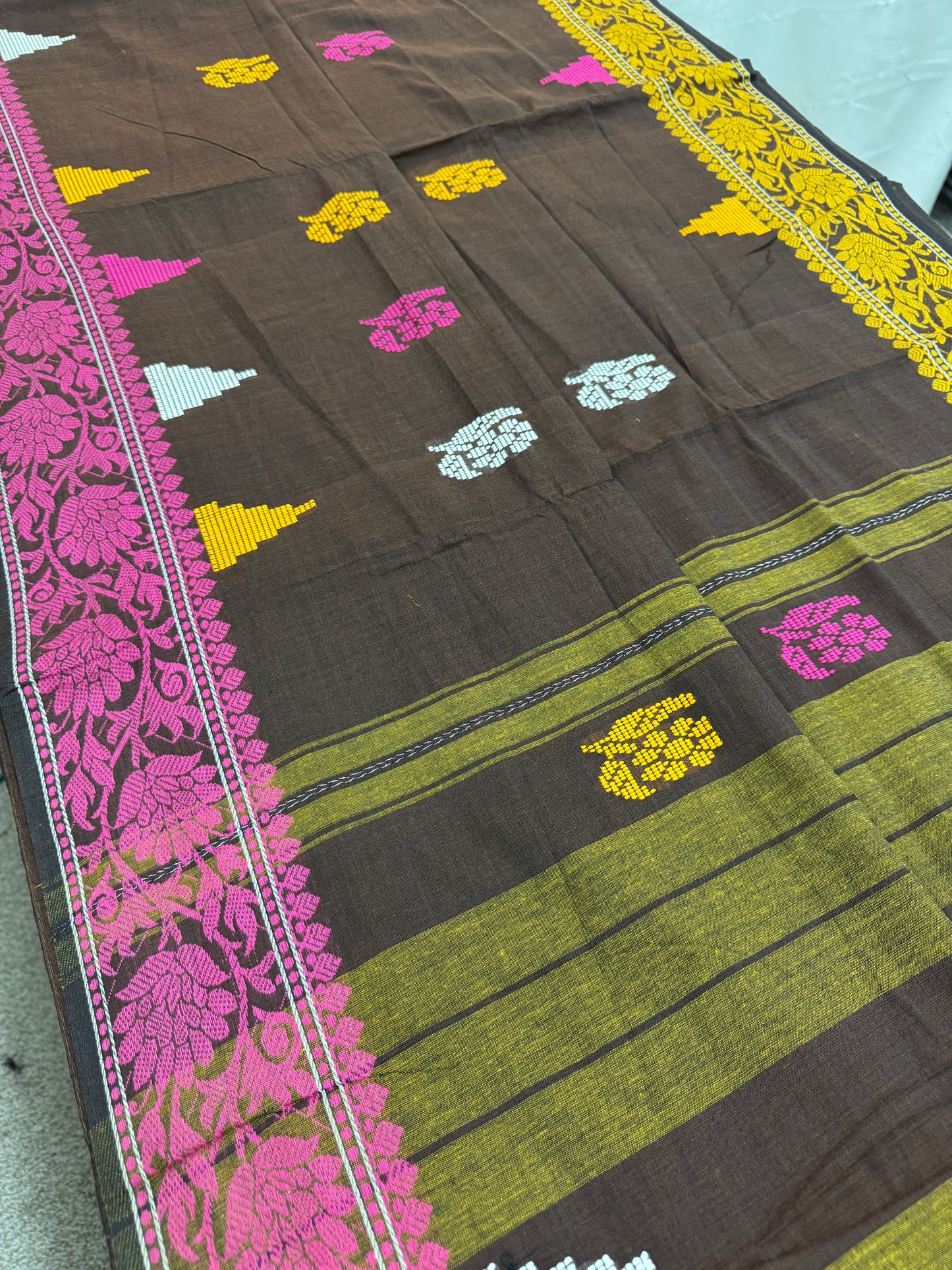 Mridula: Brown Dhaniakhali Classic Bengali Cotton Saree with Ganga Jamuna Border image 1