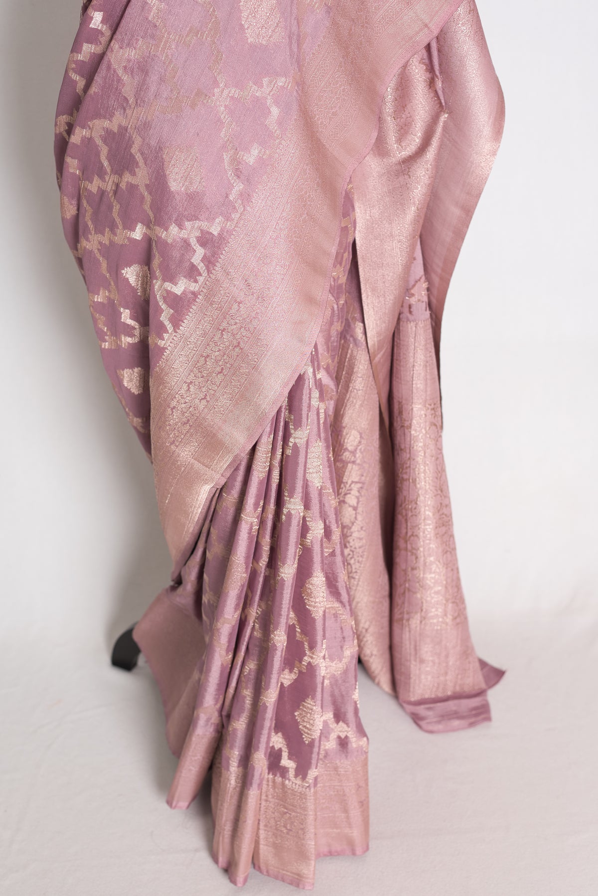 Tithi: Mauve and Gold Semi Georgette Banarasi Saree with 40 Size Blouse image 7