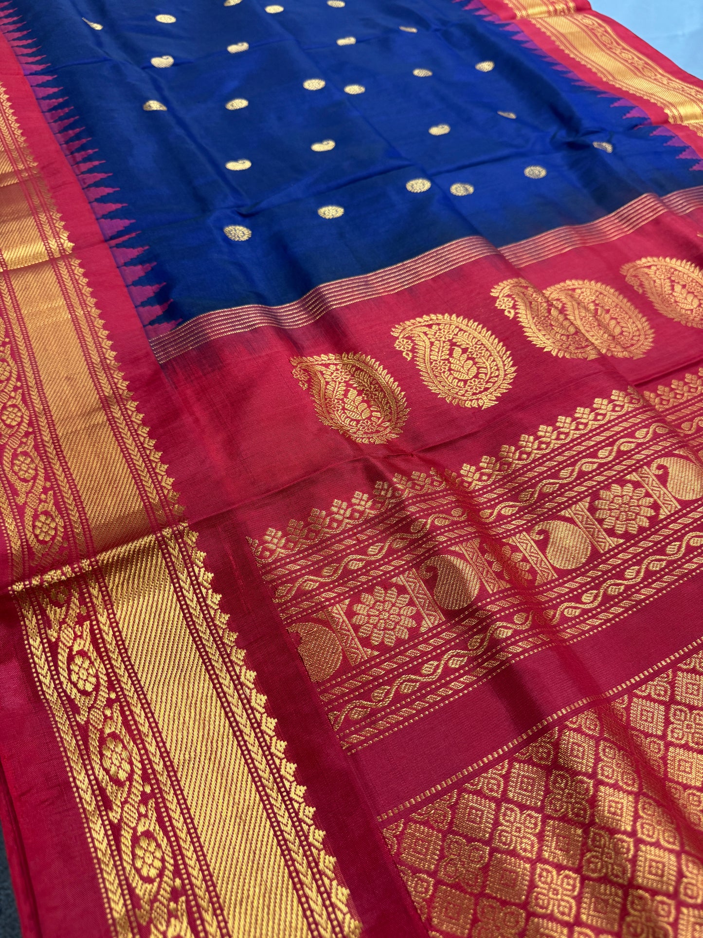 Nishira - Handwoven Midnight Blue and Red Gadwal Silk Saree image 4