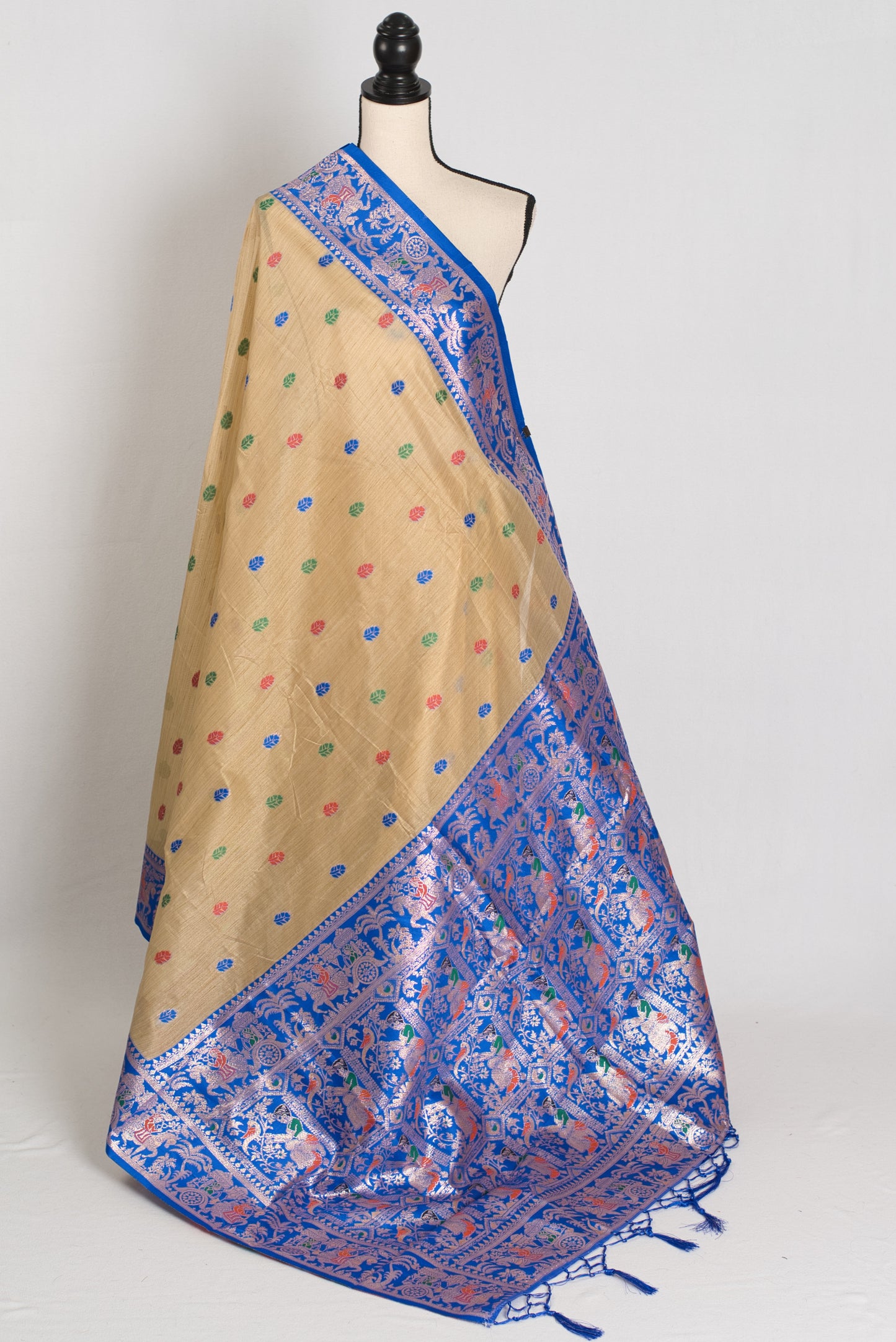 Bristi: Budget Friendly Blended Cotton Baluchari Saree in Beige and Blue image 1