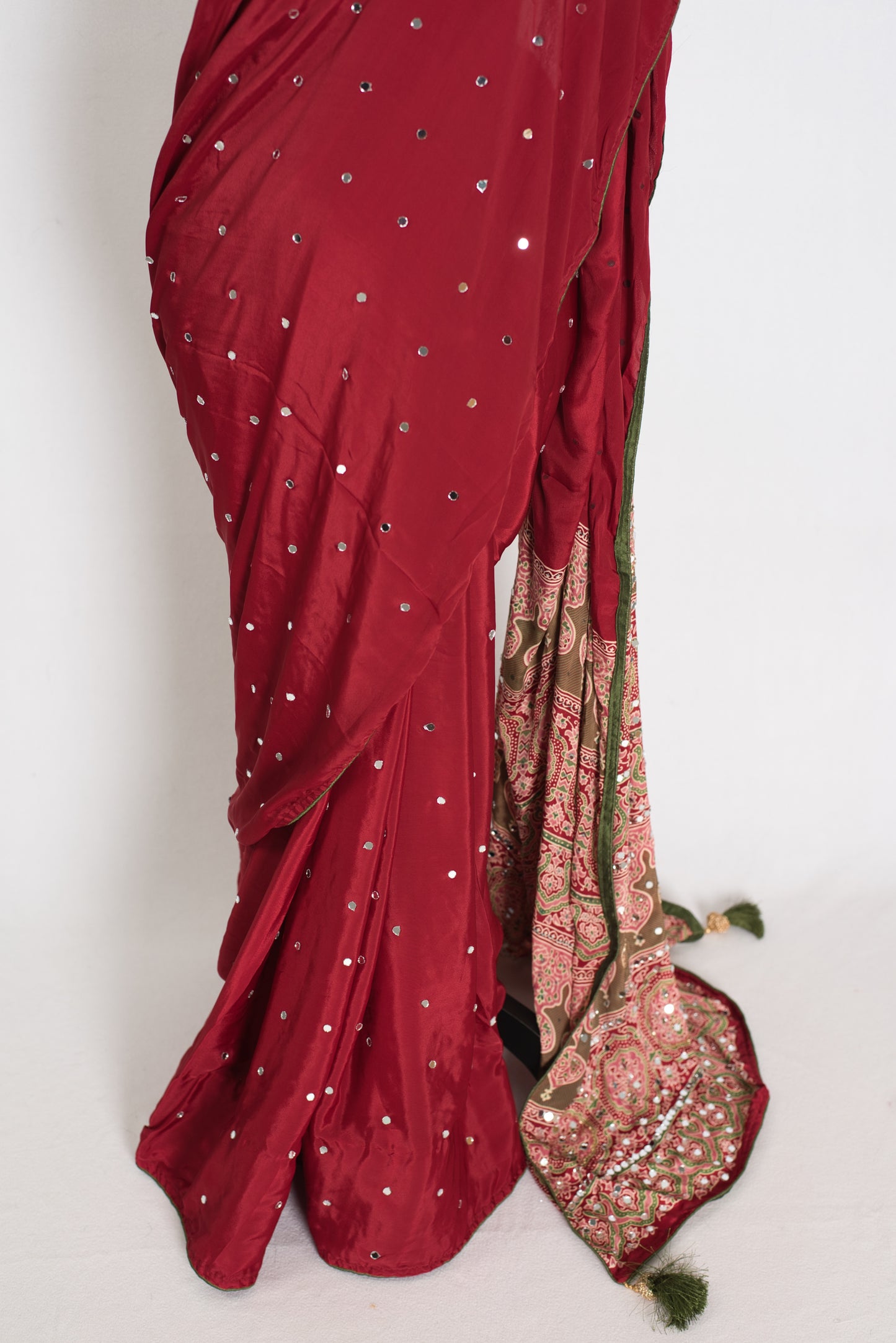 Mouli | Brick Red Mirror Work Partywear Ajrakh Saree | Soft Semi Modal Silk image 6