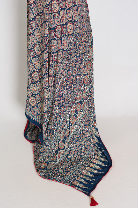 Jiya | Indigo Blue Ajrakh Printed Saree | Mirror Work Semi Modal Silk image 1