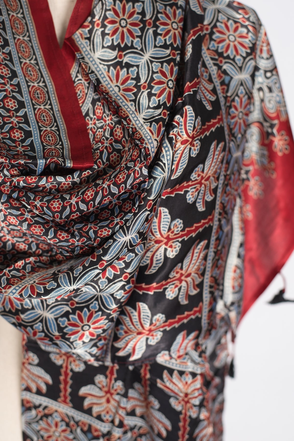 Hand Block Printed Modal Silk Scarf – Luxury Maroon & Black image 6