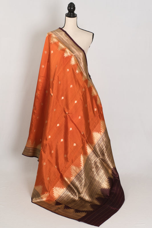 Bina: Rust Orange Pure Silk Banarasi Saree with Temple Border image 1