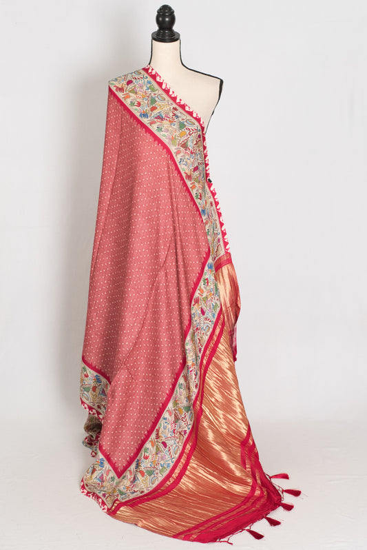 Bithi | Soft Pastel Pink & Beige Modal Silk Saree | Bandhani & Kantha Print image 1
