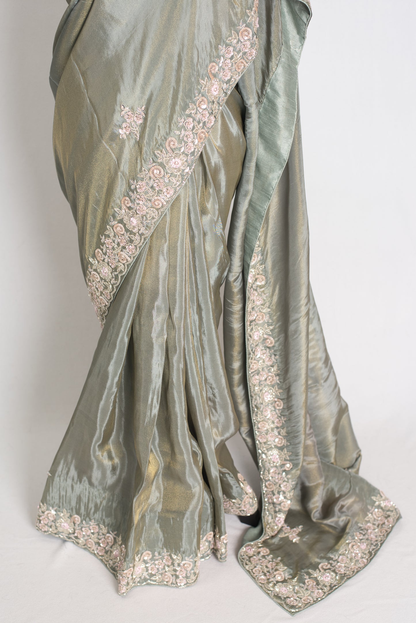 Fariha : Sage Green Hand Embroidered Zardozi Soft Organza Party Wear Saree image 6