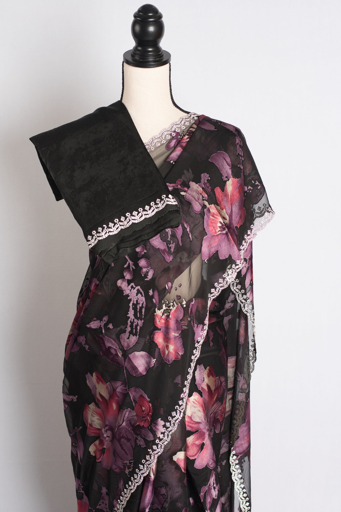 Velvet Mist - Black Floral Brasso Saree with Feather-light Drape image 2