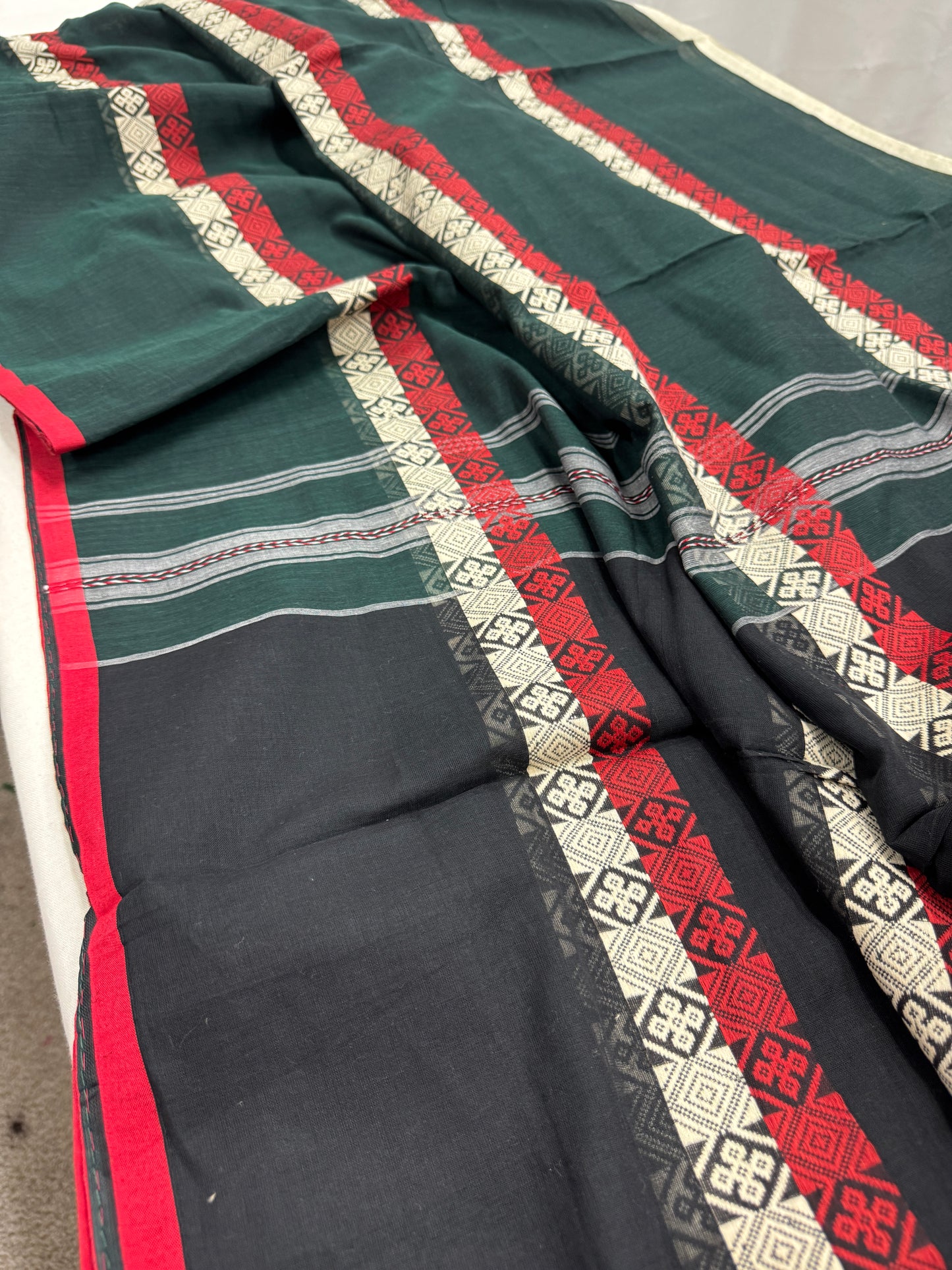 Meadow Melody : Green Horizontal Stripe Bengali Soft Cotton Dhanekhali Saree image 4