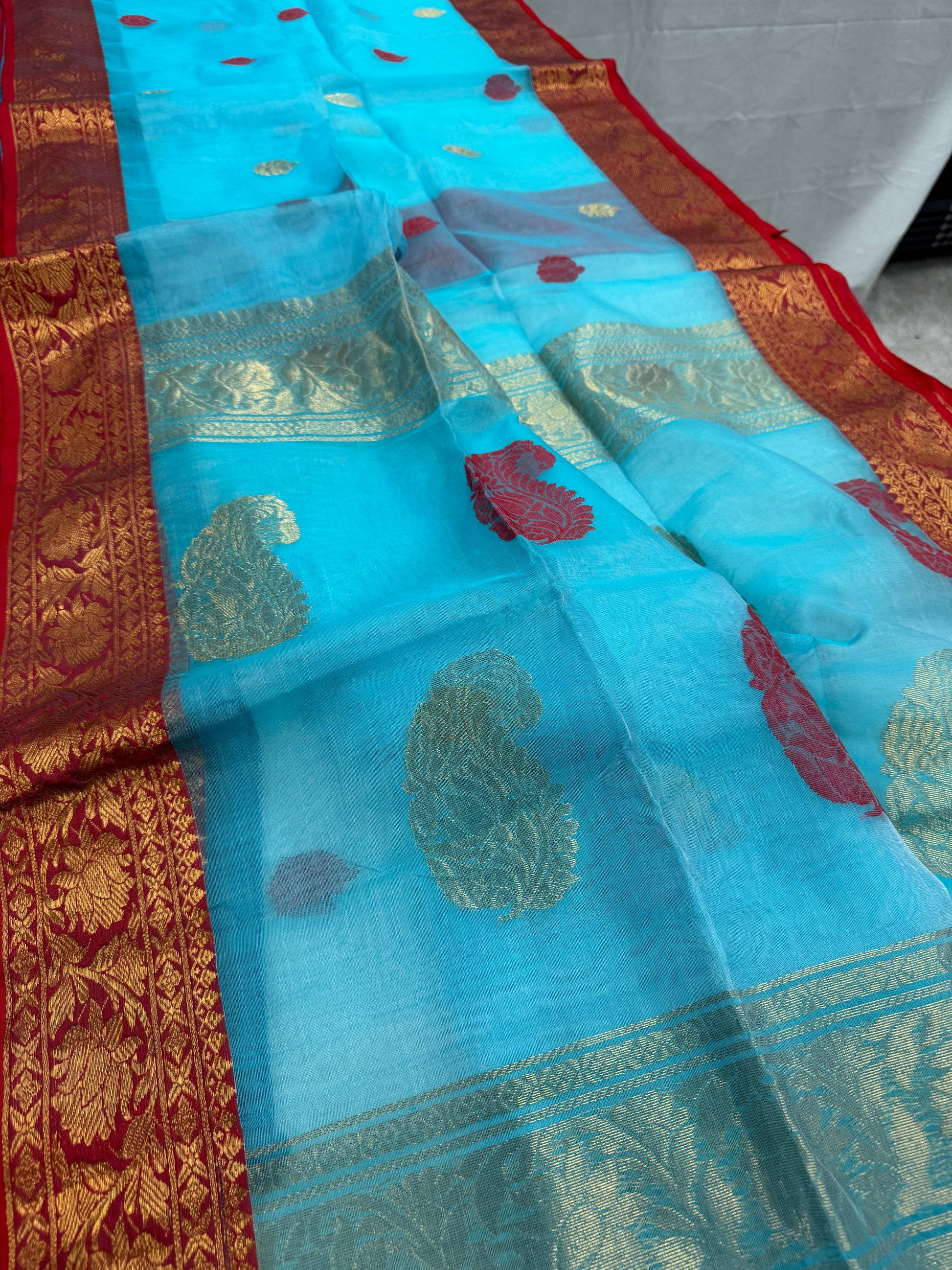 Neelam : Sky Blue and Red Semi Muslin Banarasi Saree image 3