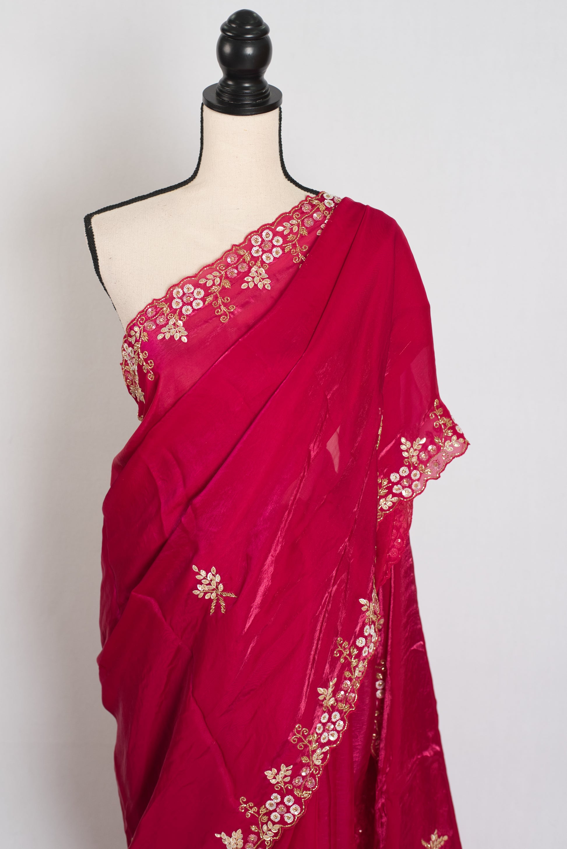 Devina : Rani Pink Soft Glass Tissue Hand Embroidery Partywear Saree image 6
