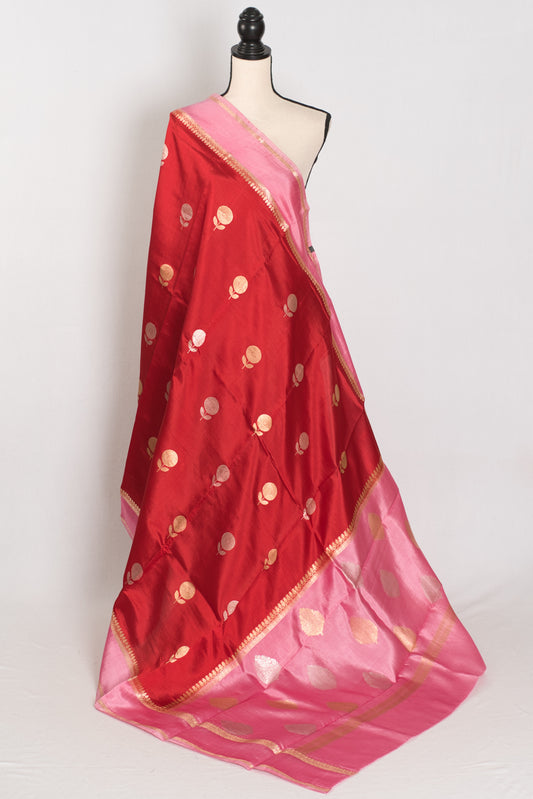 Roshni | Red & Pink Satin Katan Banarasi Silk Saree | Modern Floral Motifs image 1