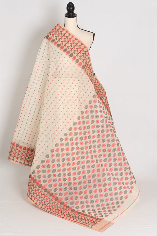 Jaya: Cream & Peach 100% Pure Cotton Jamdani Saree image 1