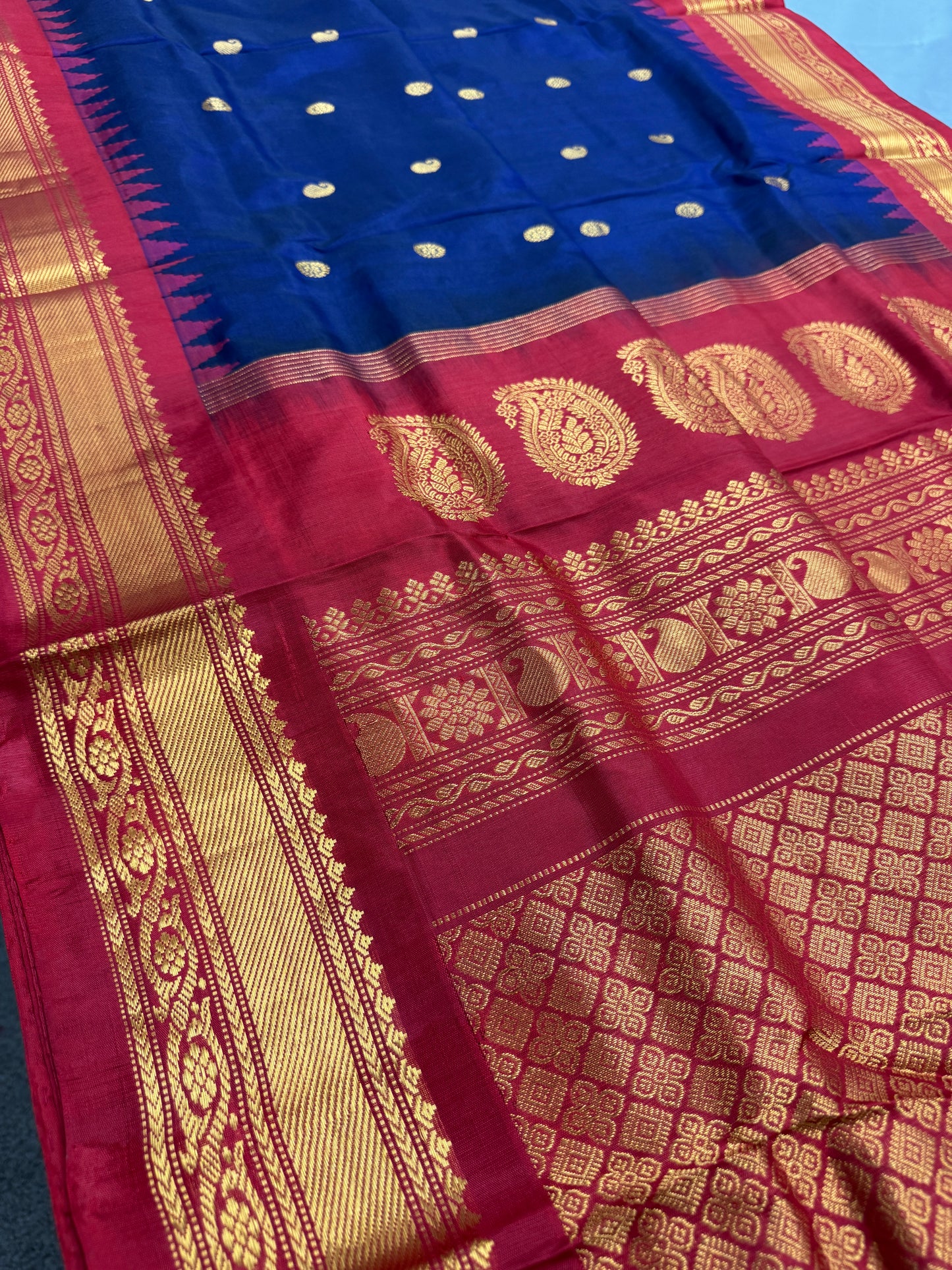 Nishira - Handwoven Midnight Blue and Red Gadwal Silk Saree image 5