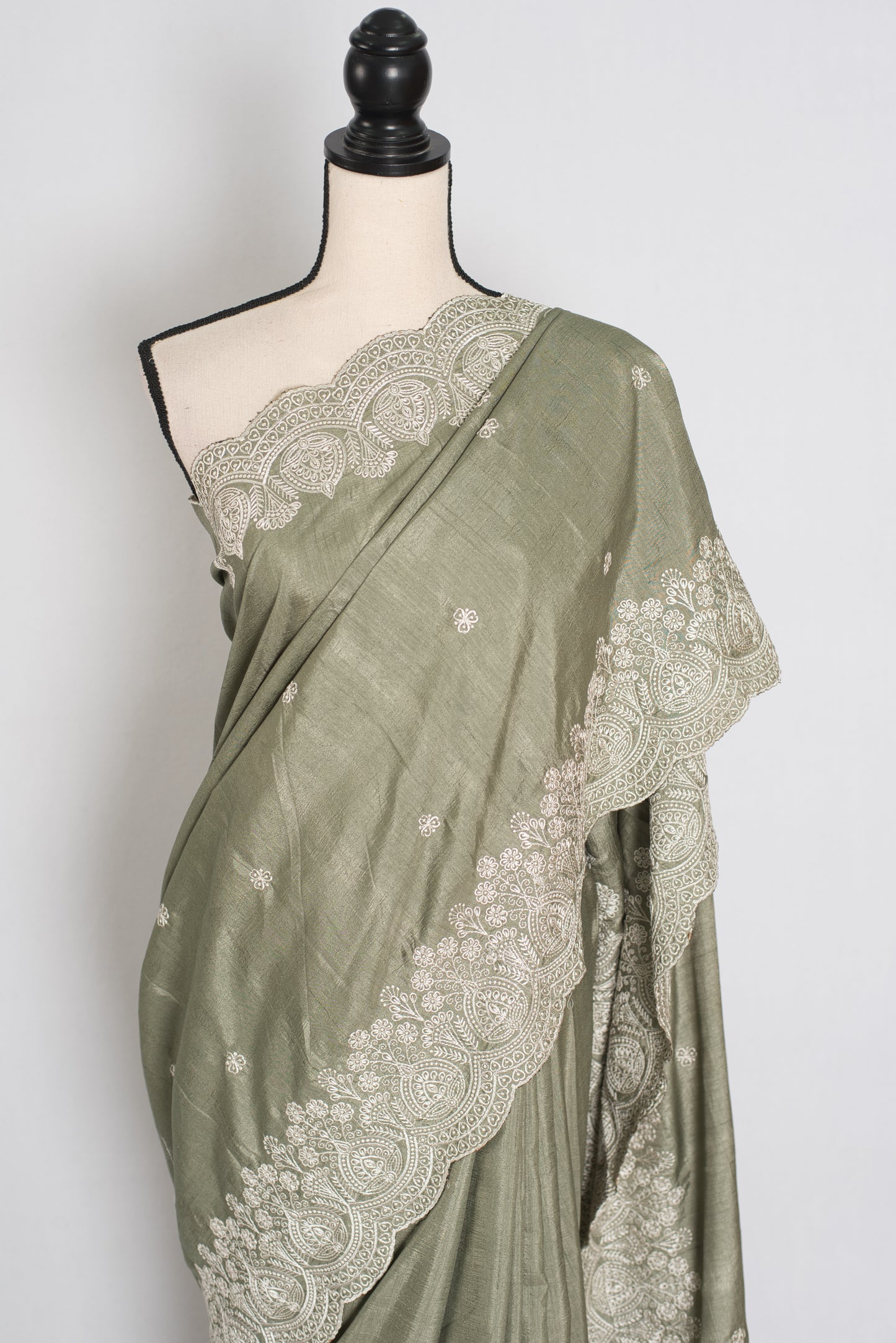 Hema | Sage Green Semi Tussar Silk Saree | Machine Embroidery & Scalloped Border image 6