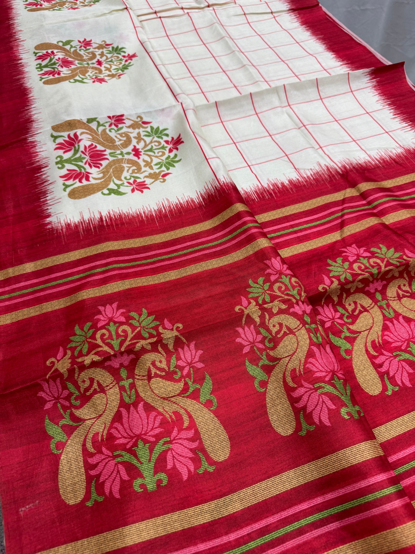 Aparajita : Off-White and Red Semi Silk Printed Saree for Durga Puja image 0