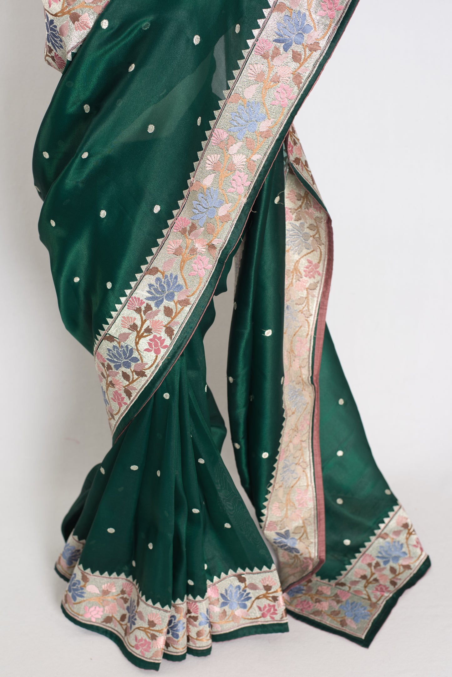 Farheen : Bottle Green Thread Embroidery Party Wear Organza Saree image 6