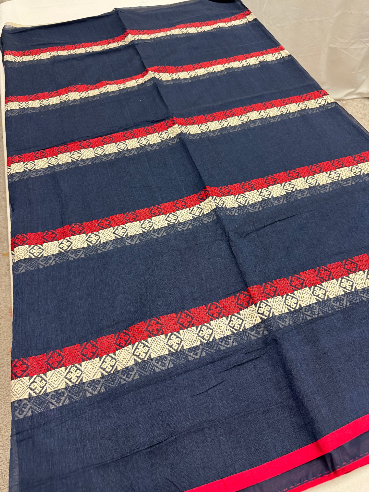 Neela : Blue and Red Horizontal Stripe Dhaniakhali Bengali Soft Cotton Saree image 3
