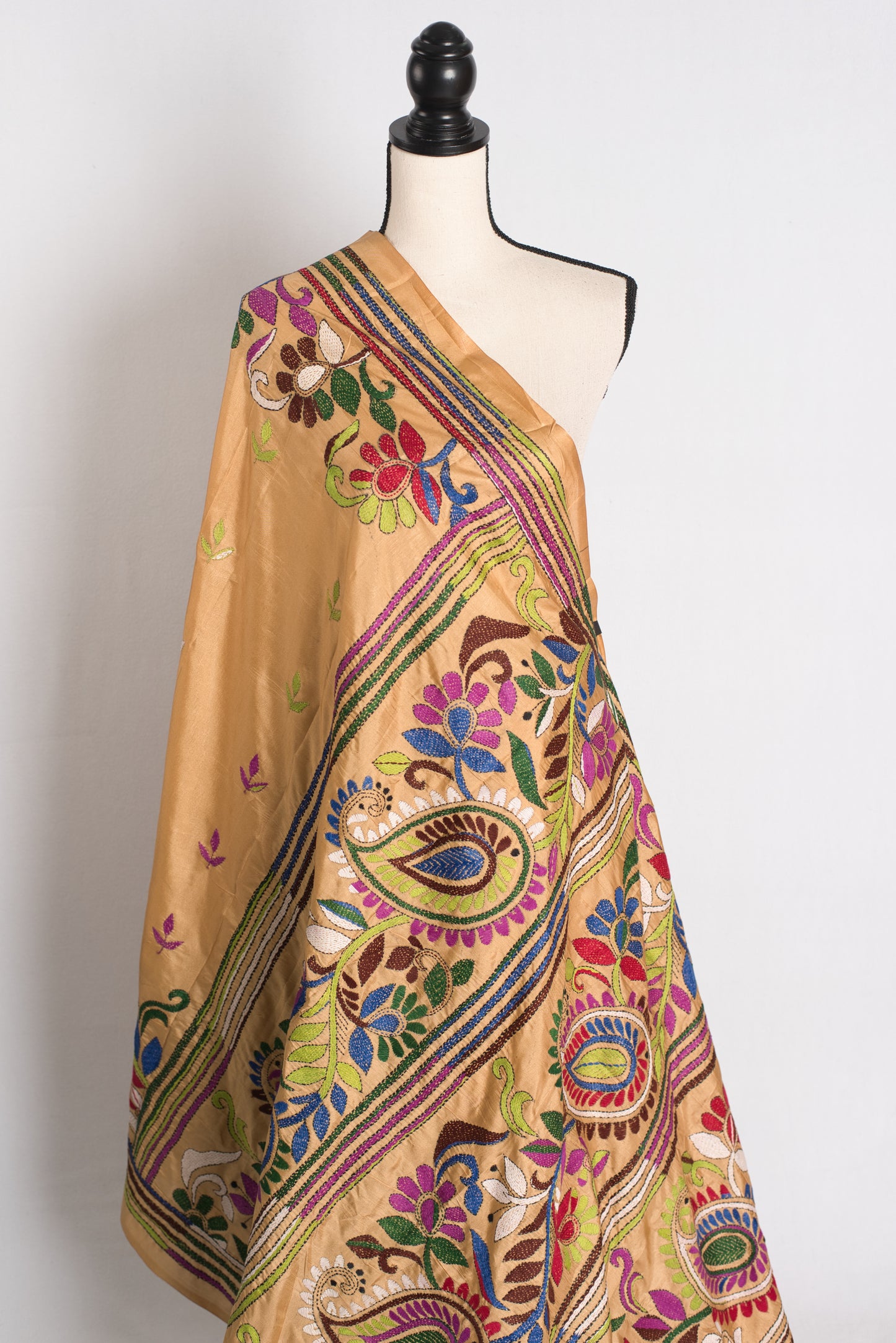 Mrittika - Brown Blended Silk Hand Embroidered Kantha Stitch Saree image 4
