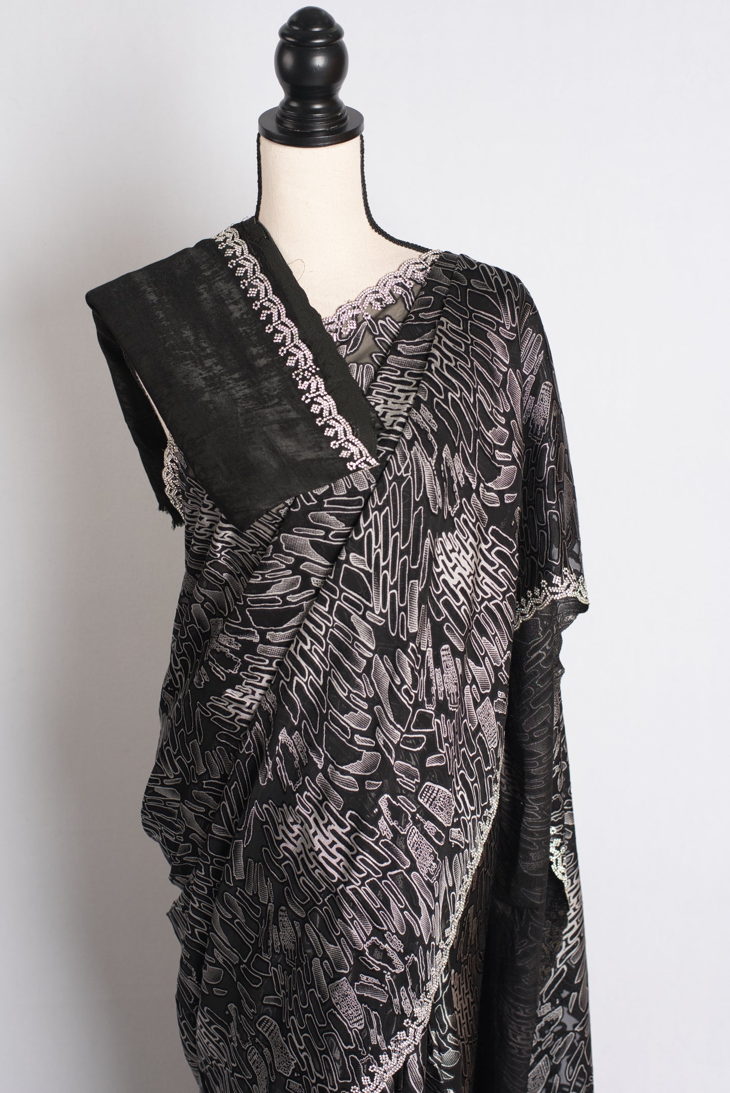 Charcoal Symphony - Designer Brasso Saree in Black and Grey image 2