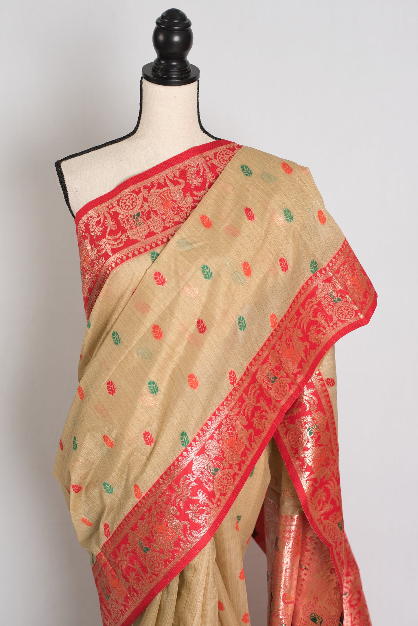 Mritika: Budget Friendly Blended Cotton Baluchari Saree in Beige and Red image 5