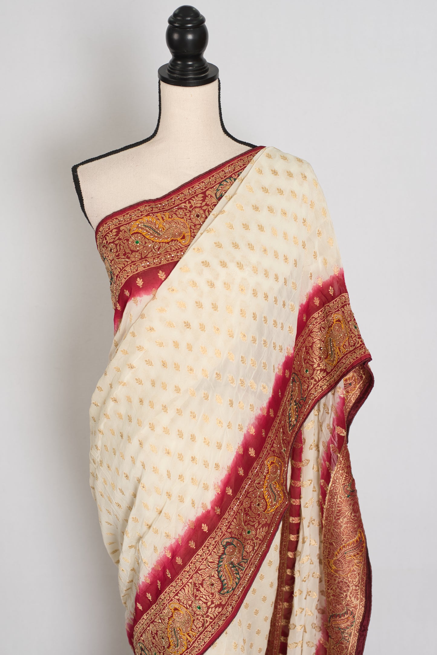Jiya | Cream & Maroon Crepe Georgette Banarasi Saree | Traditional Bengali look image 6
