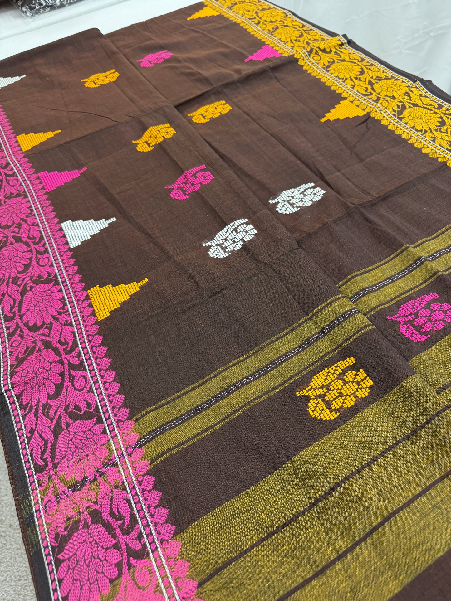 Mridula: Brown Dhaniakhali Classic Bengali Cotton Saree with Ganga Jamuna Border image 0