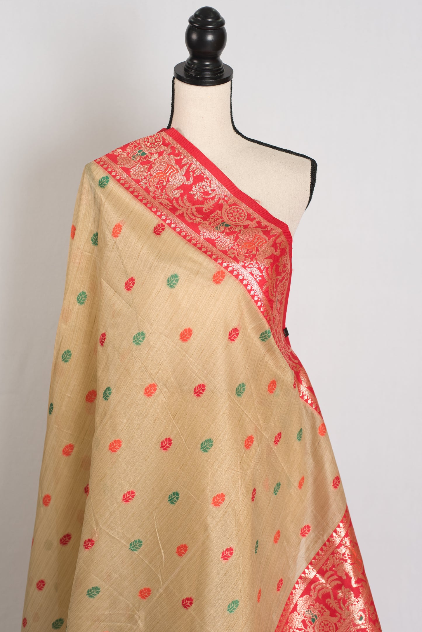 Mritika: Budget Friendly Blended Cotton Baluchari Saree in Beige and Red image 4