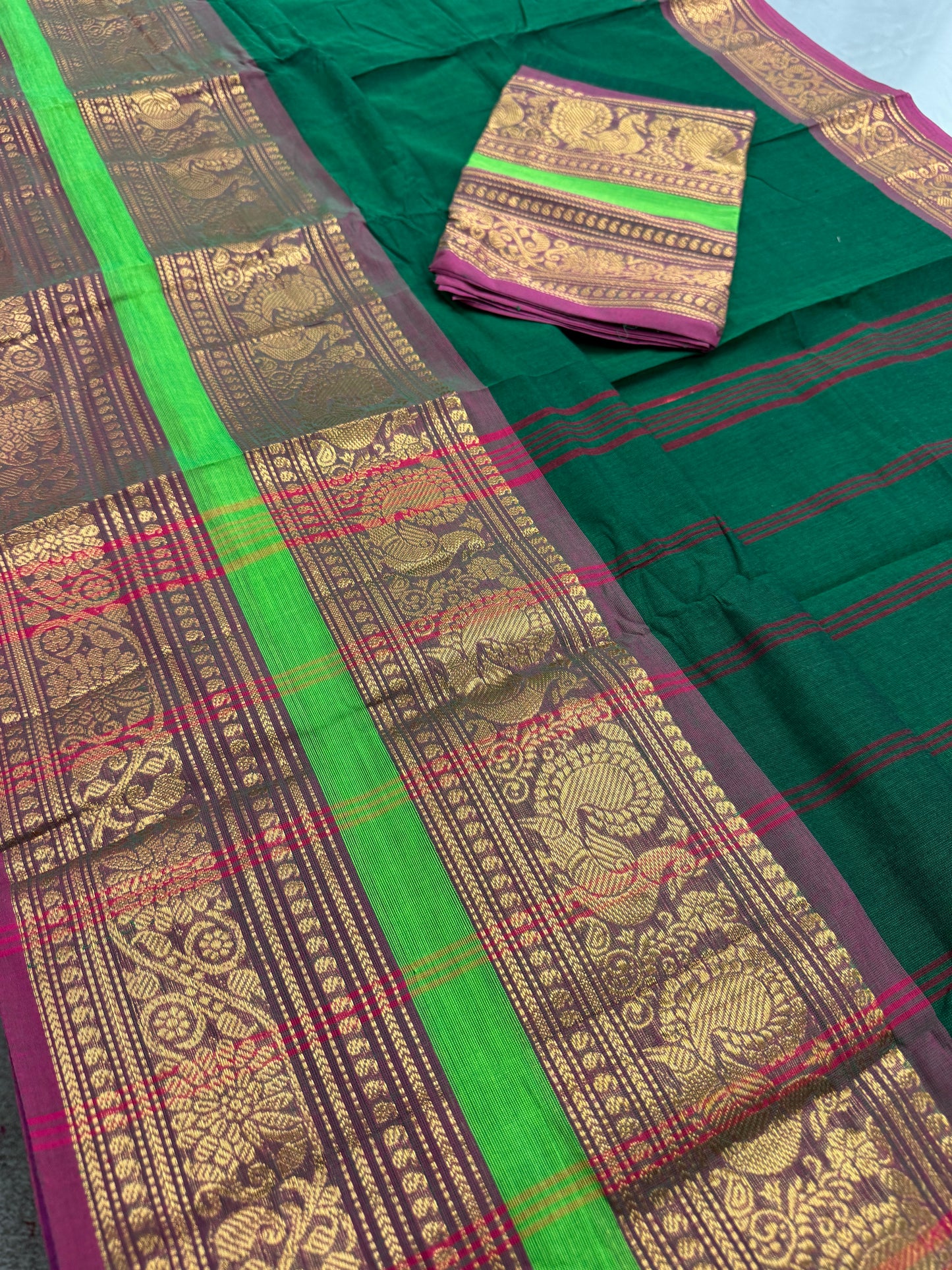 Leela : Bottle Green Kanchi Cotton Saree - Handwoven South Indian Elegance image 1