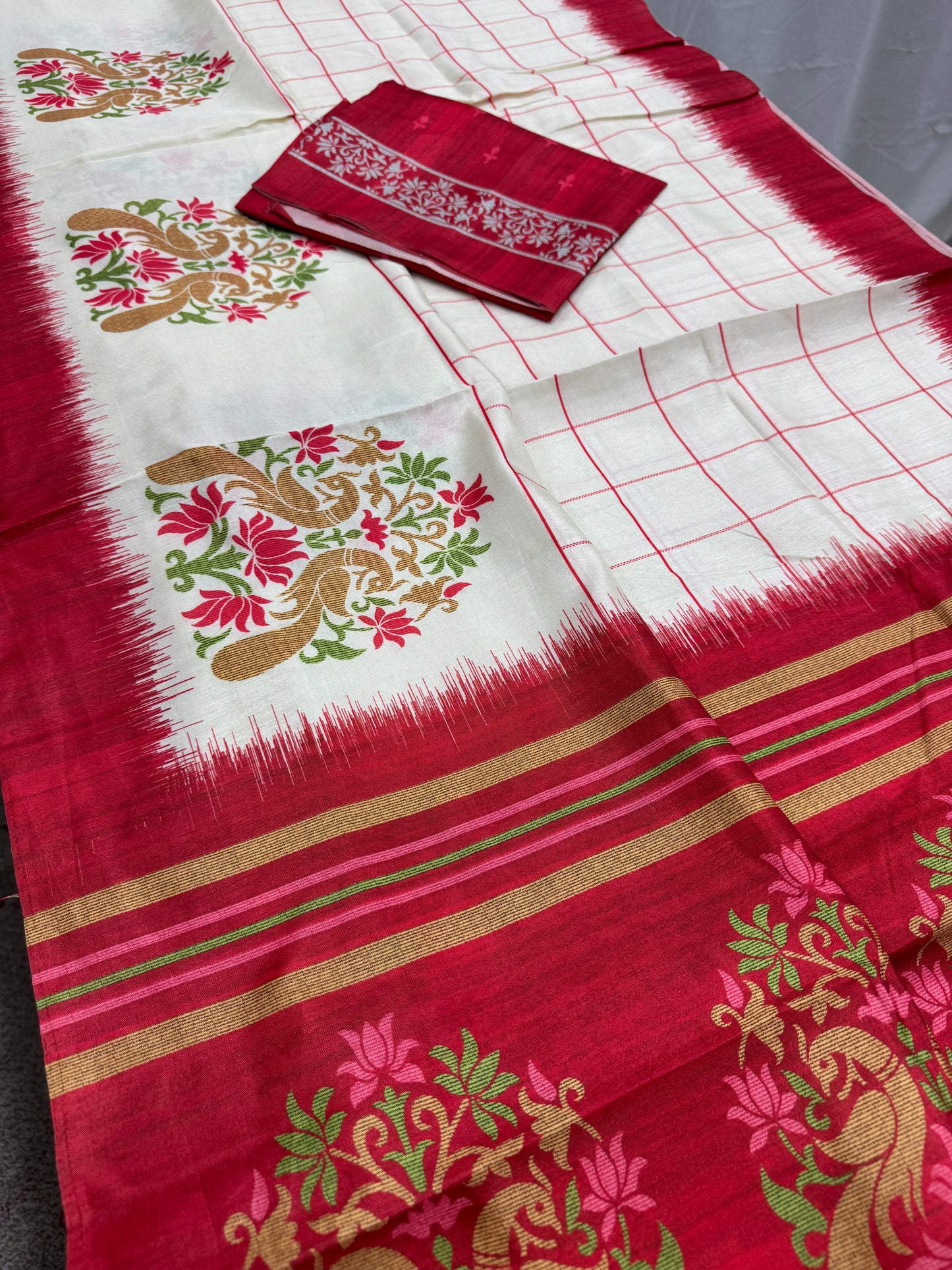Aparajita : Off-White and Red Semi Silk Printed Saree for Durga Puja image 2