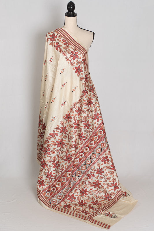 Nina : Cream and Brown Hand Embroidered Kantha Stitch Pure Bangalore Silk Saree image 2