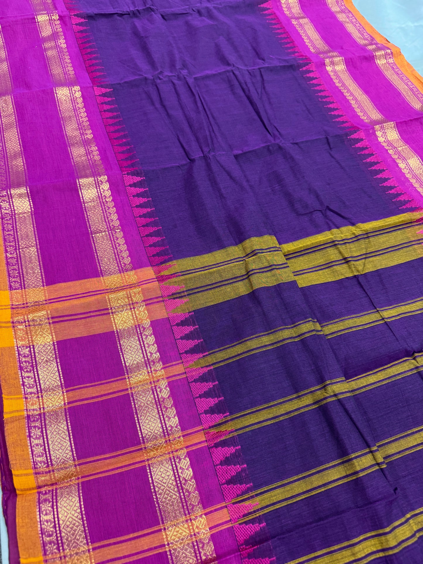 Bina : Handwoven Kanchi Cotton Saree in Purple and Rani Pink image 3