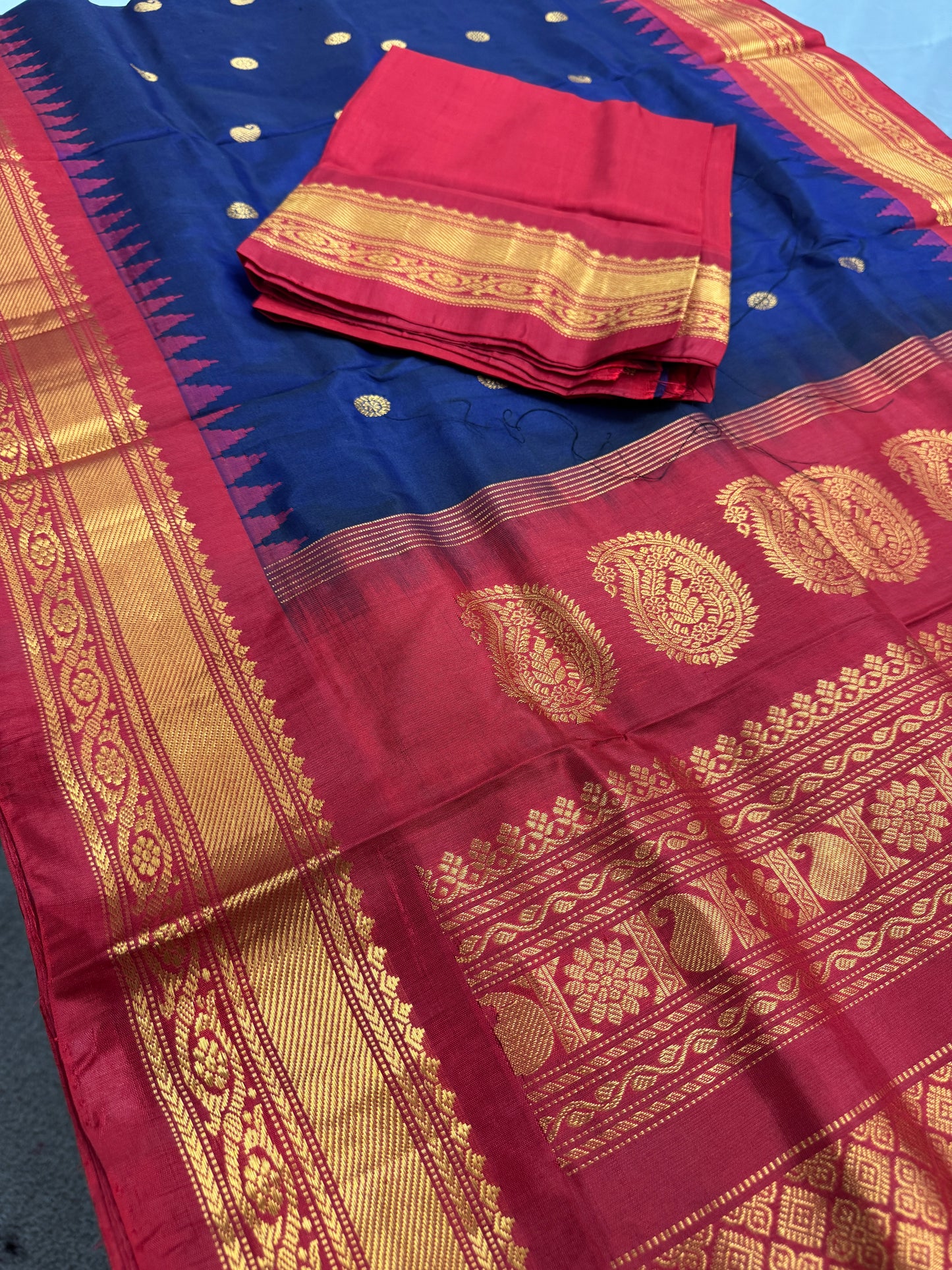 Nishira - Handwoven Midnight Blue and Red Gadwal Silk Saree image 1