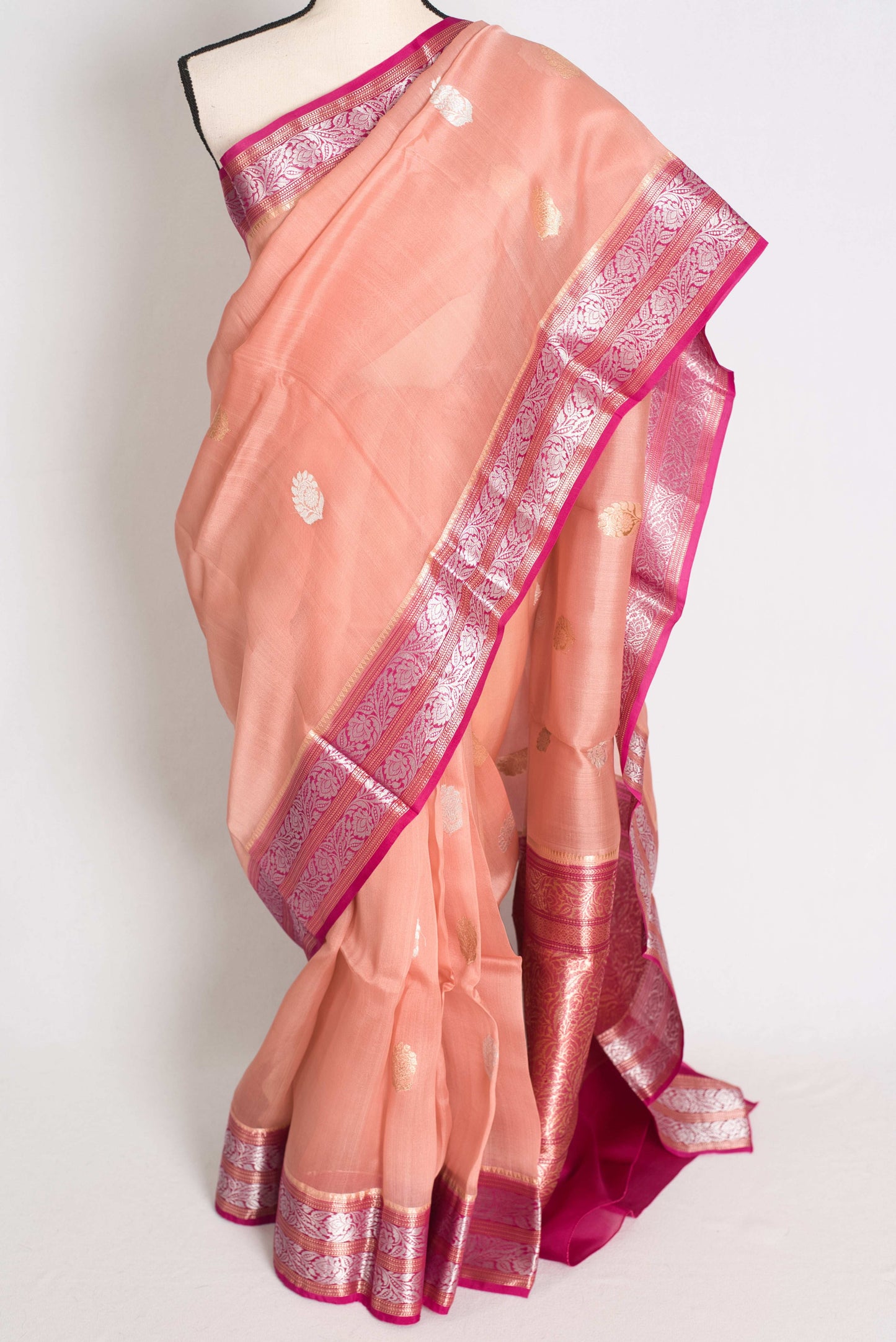 Bidisha : Silk Mark Certified Peach Organza Banarasi Saree with Silver Zari