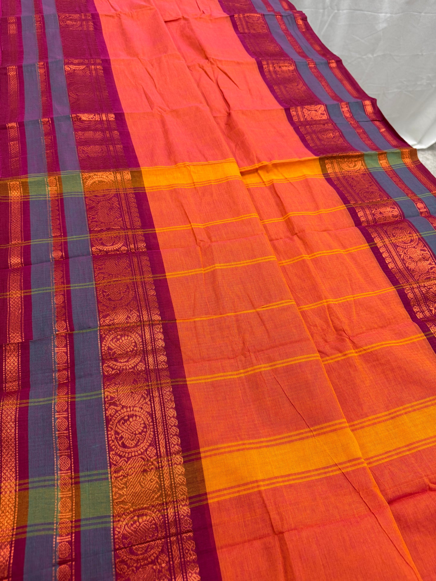 Malathi : Handwoven Kanchi Cotton Saree in Orange and Magenta image 3