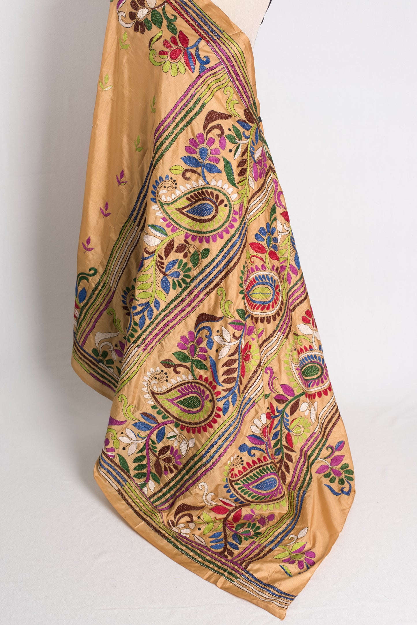 Mrittika - Brown Blended Silk Hand Embroidered Kantha Stitch Saree image 3