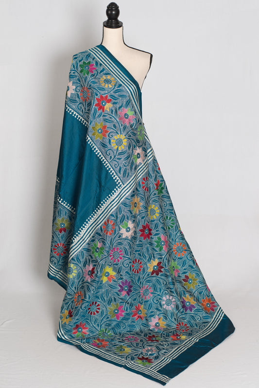 Dhriti : Teal Blue Hand Embroidered Kantha Stitch Pure Bangalore Silk Saree image 1