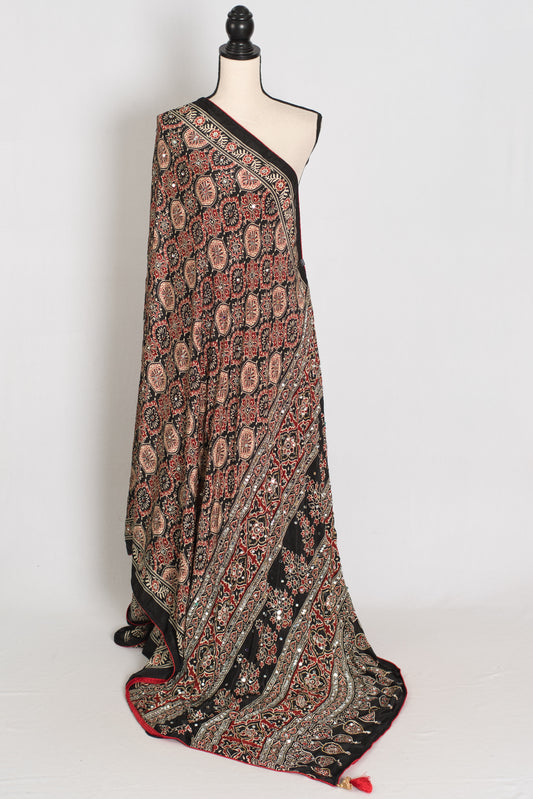 Aliya | Black Ajrakh Printed Mirror Work Saree| Bollywood Inspired Partywear image 1