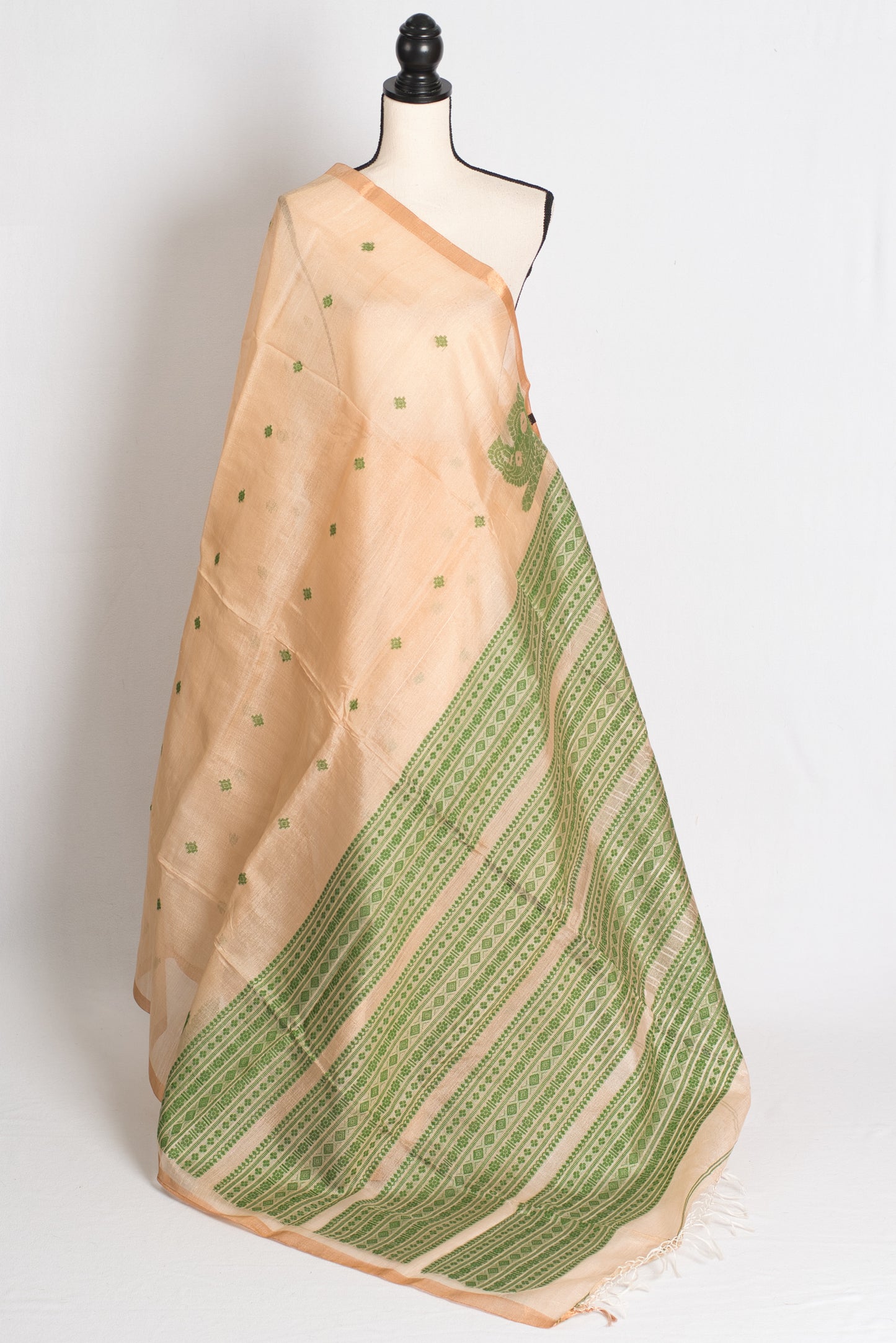 Prerna : Bengal Handloom Tussar Silk Saree in Beige and Green image 1