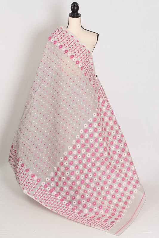 Geeta: Gray, Pink and White Pure Cotton Jamdani Saree with Blouse image 1