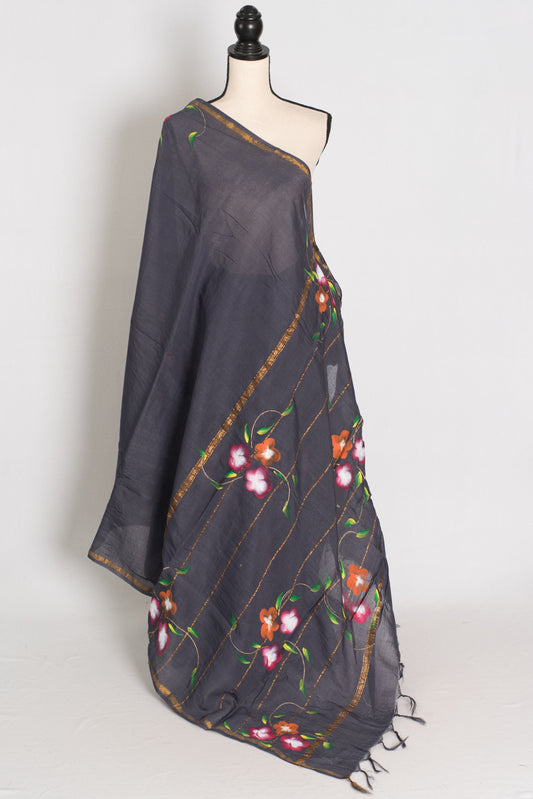 Rama Dark Grey & Gold Hand Painted Chanderi Cotton Saree image 1