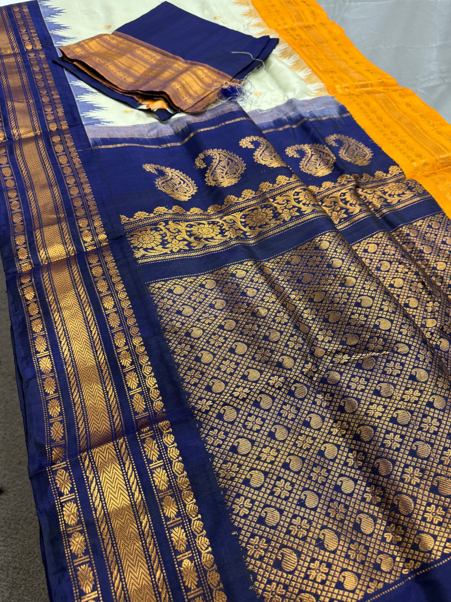 Gangavarna : Handwoven Cream Gadwal Silk Saree with Ganga Jamuna Border image 1