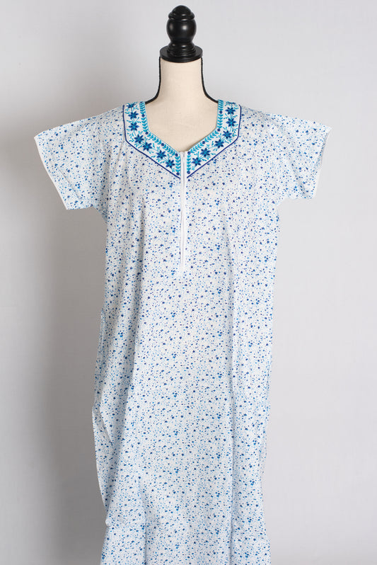 White and Blue Printed Pure Cotton Nightwear in Regular Size image 0