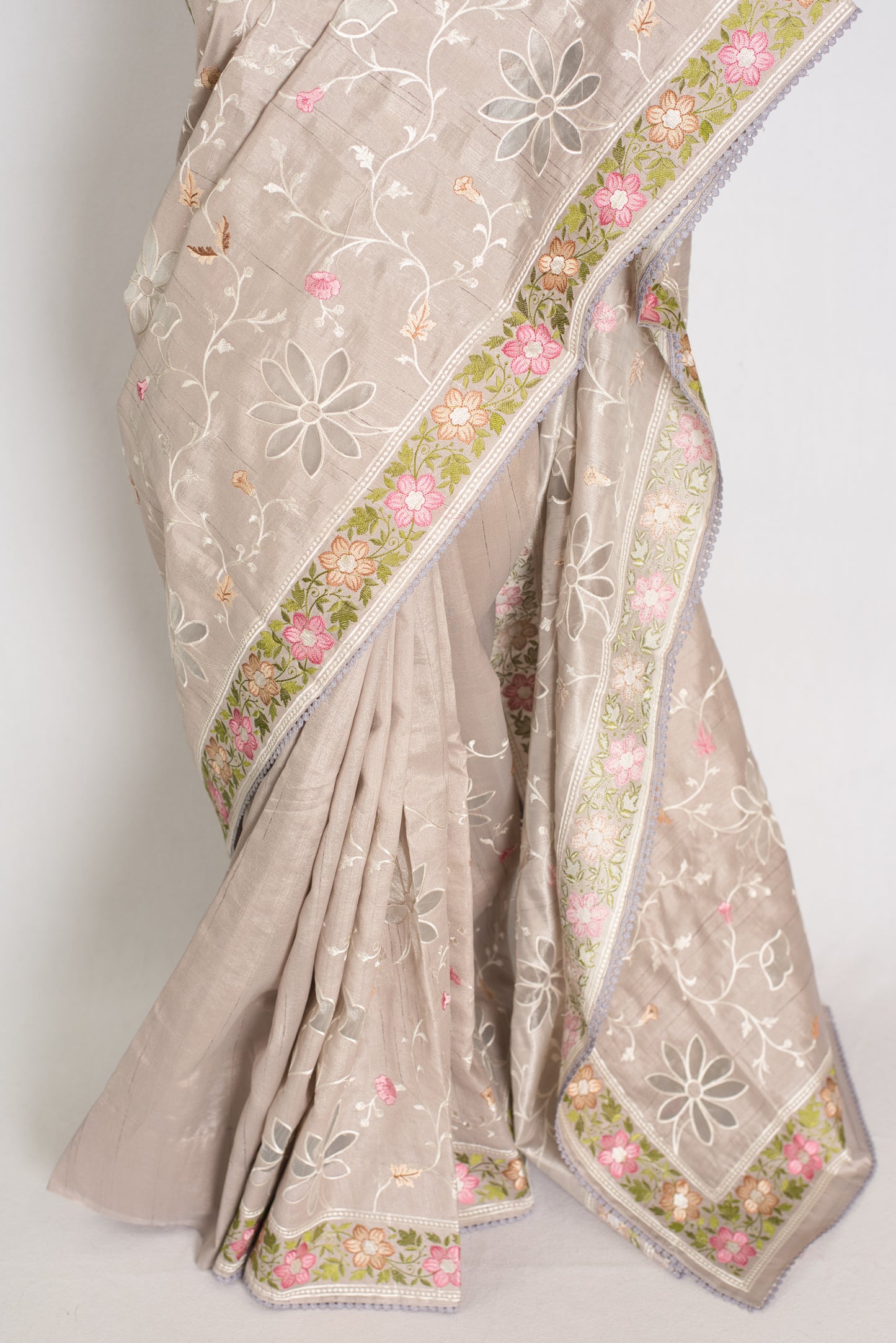 Sriti: Dove Grey Semi Tussar Silk Saree with Floral Cut Work Embroidery image 6