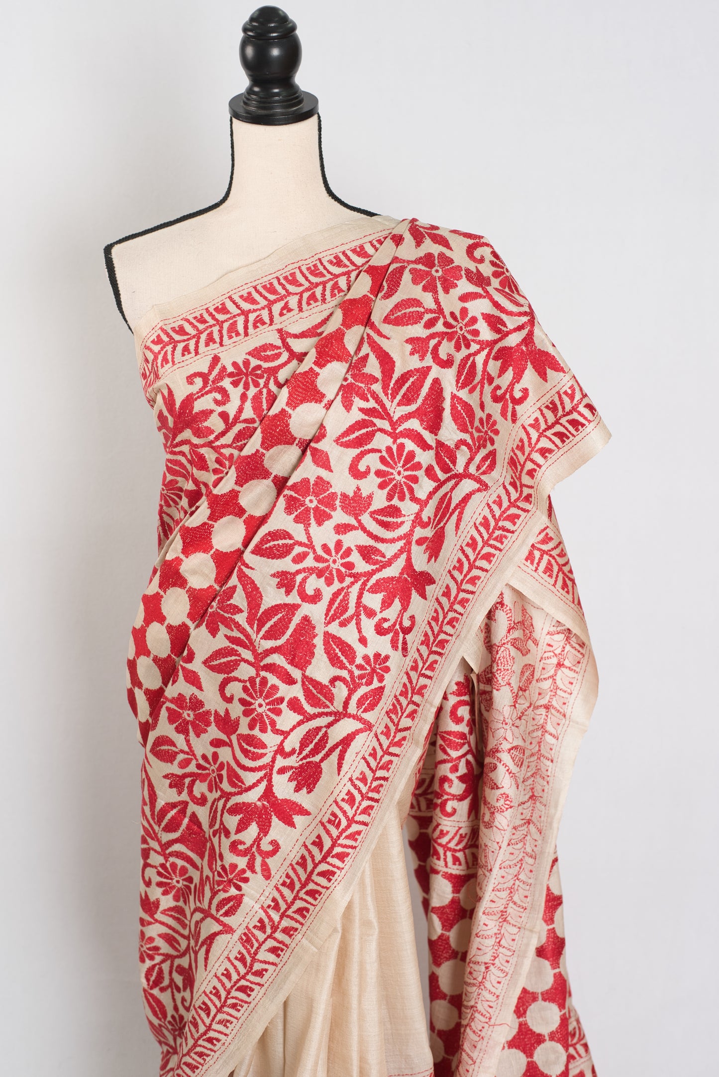 Ahiri | Beige and Red Kantha Stitch Gachi Tussar Silk Saree image 8