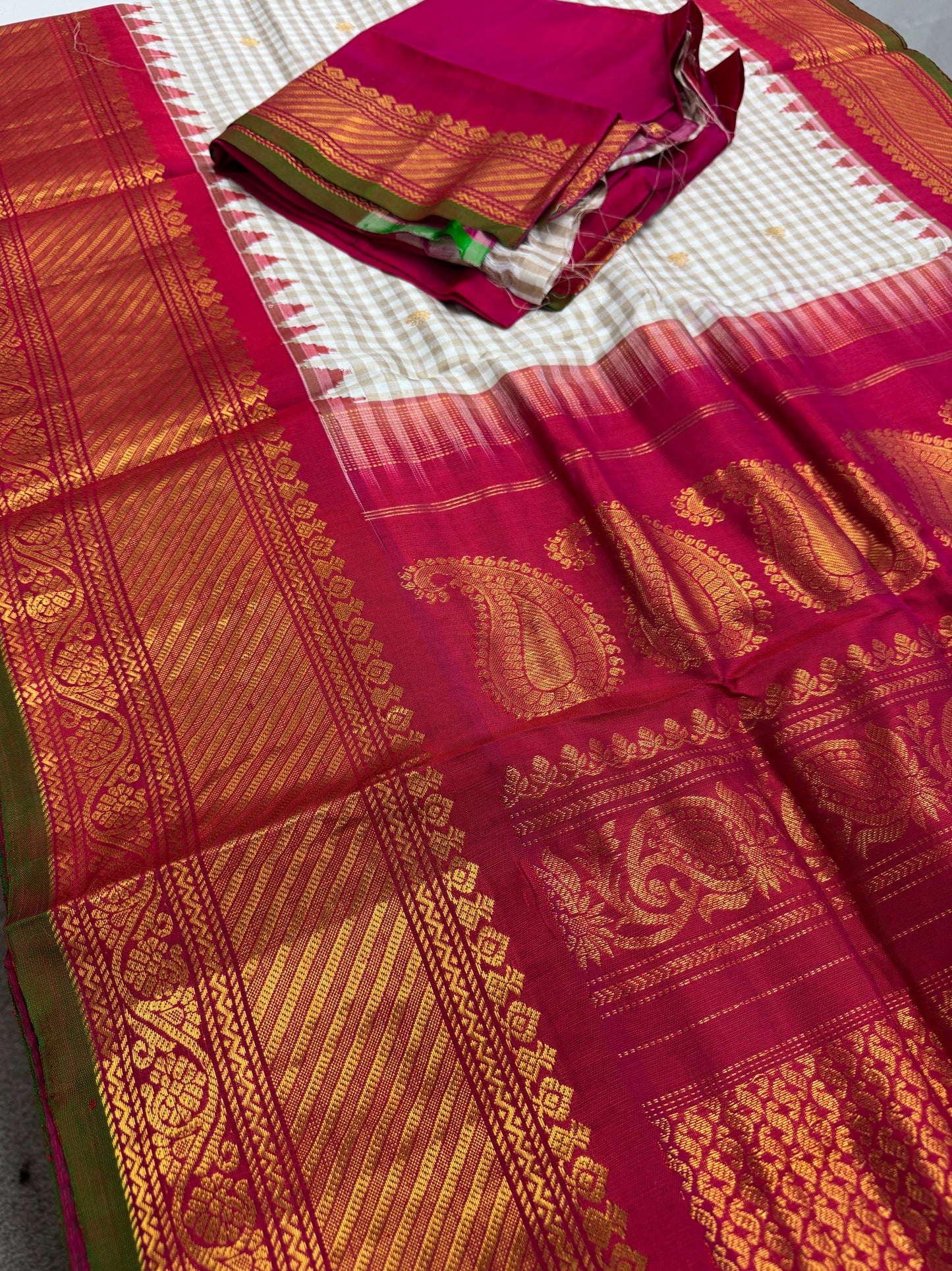 Chandrika - Hand Woven Traditional Checked Gadwal Silk Saree image 1