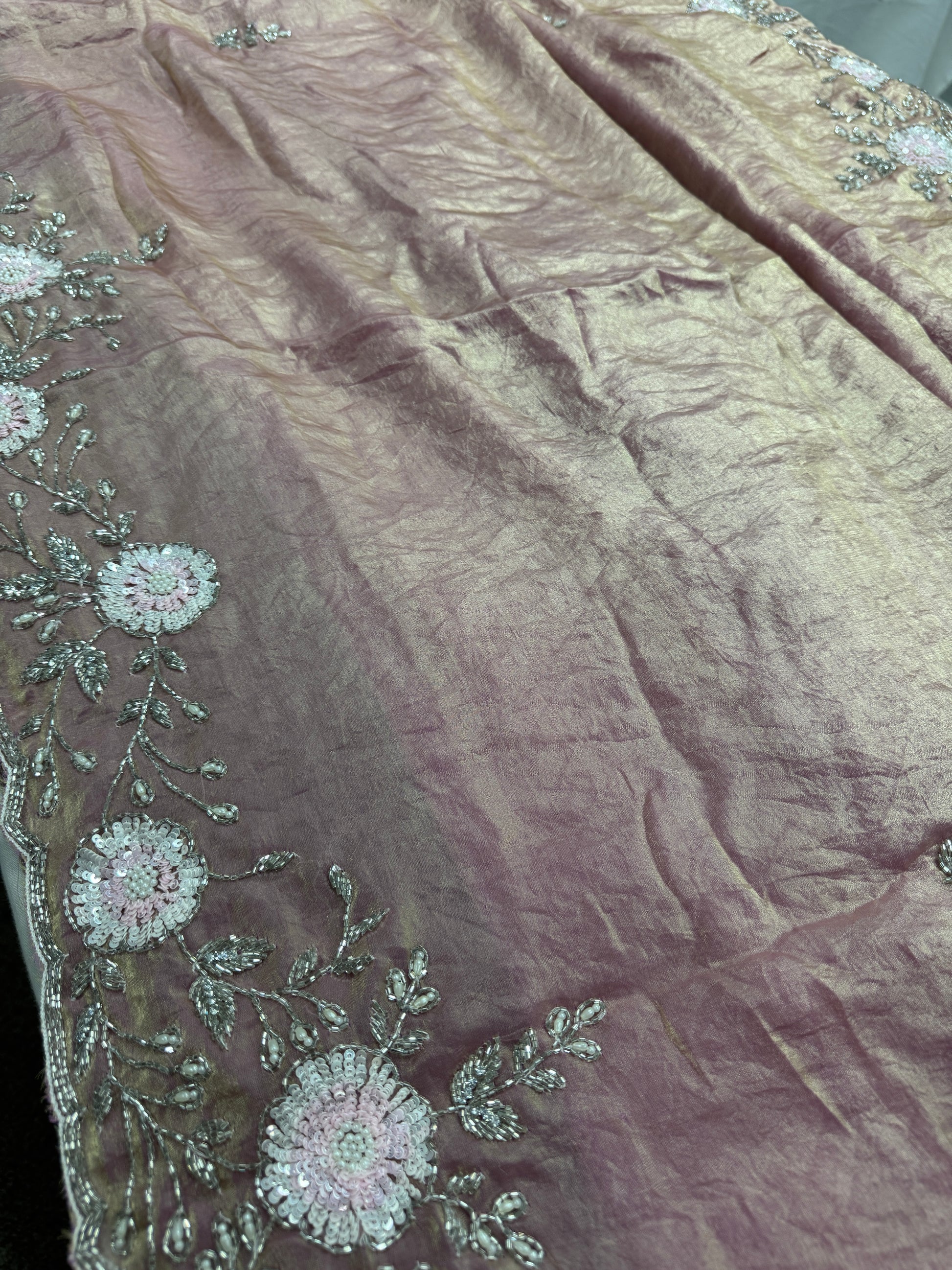 Mahi : Hand Embroidery Soft Tissue Designer Saree in Frosted Pink image 5