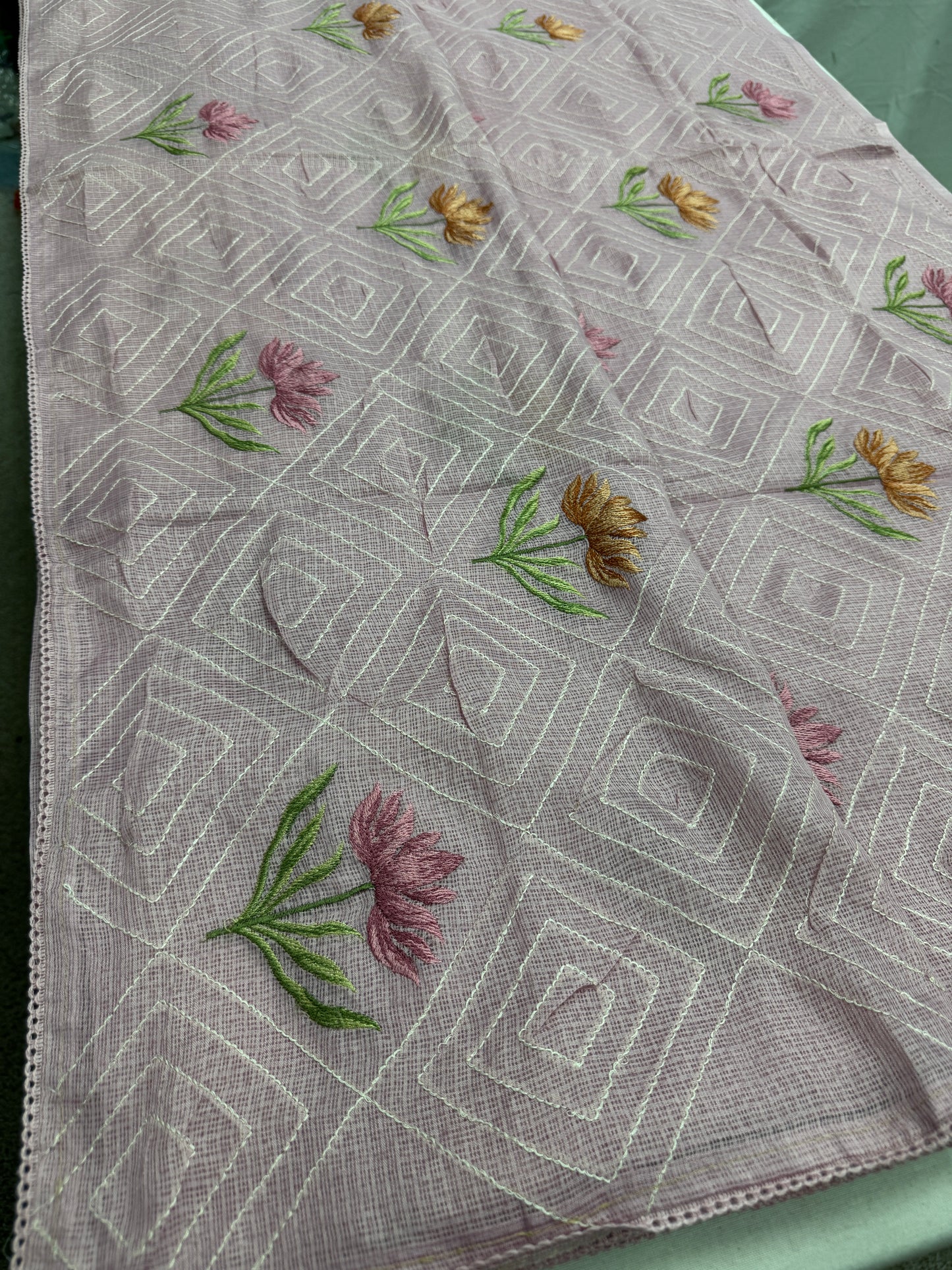 Laila | Soft Lavender Semi Kota Silk Saree | Pastel Floral Machine Embroidery image 4