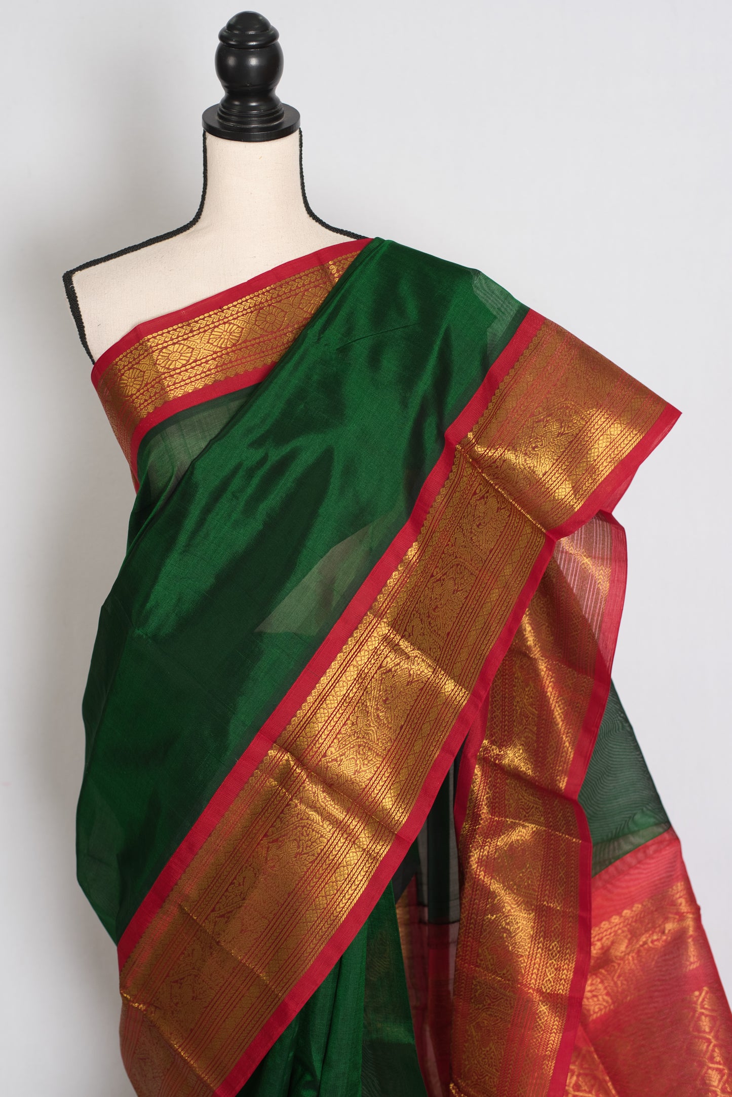 Latha : Bottle Green and Red Cotton Silk Kanjivaram Saree with 36 Size Blouse image 7