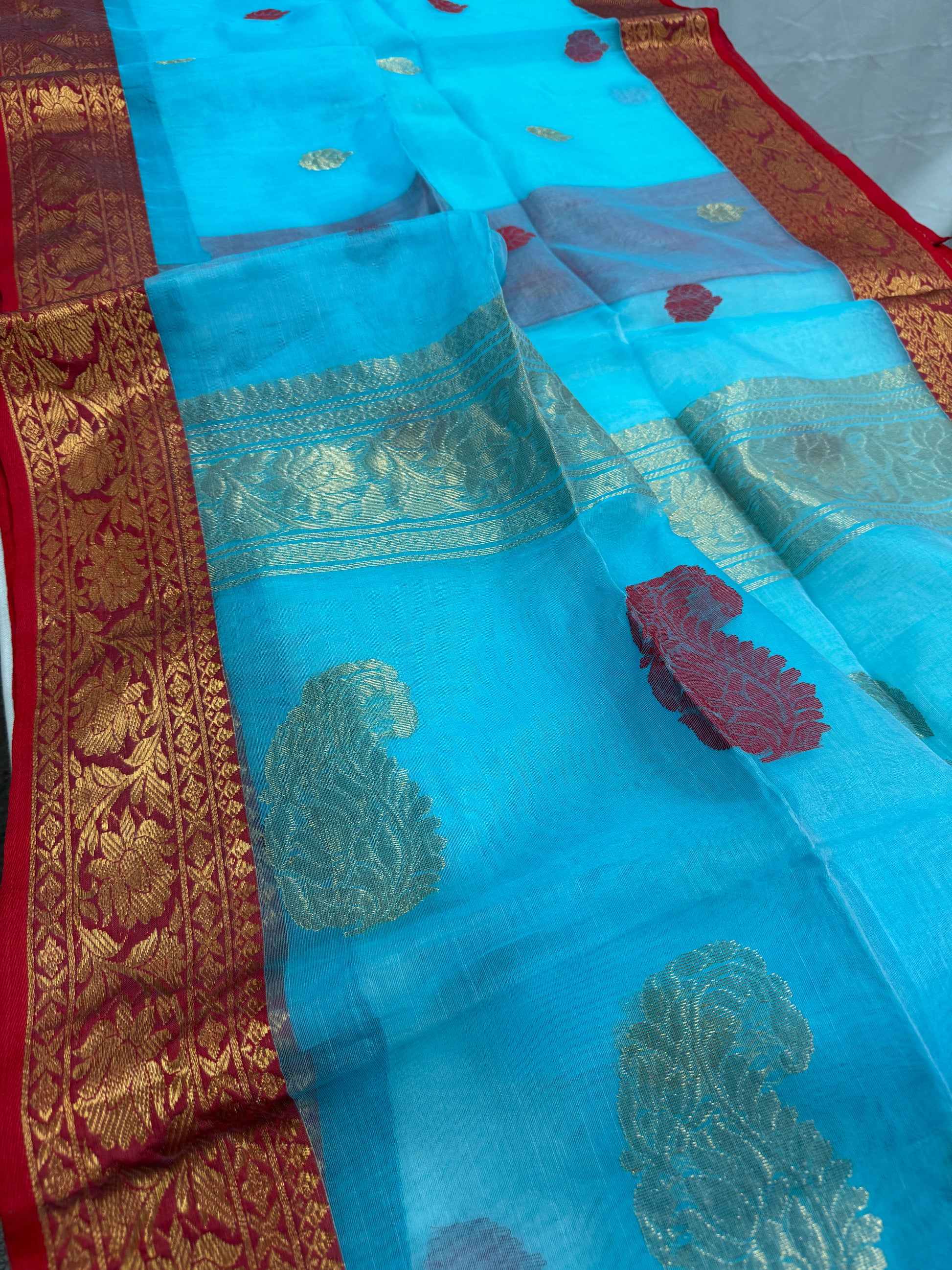 Neelam : Sky Blue and Red Semi Muslin Banarasi Saree image 2
